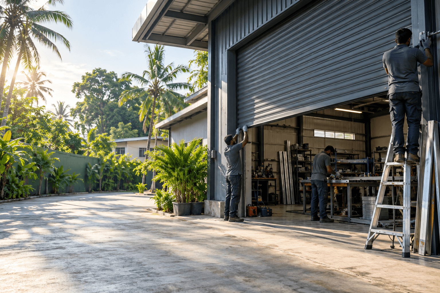Technicians working around a roller shutter opening