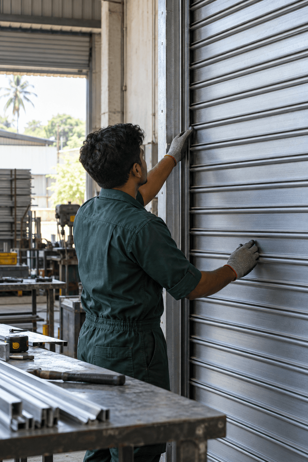 Technician inspecting roller shutter components in a Sri Lankan workshop