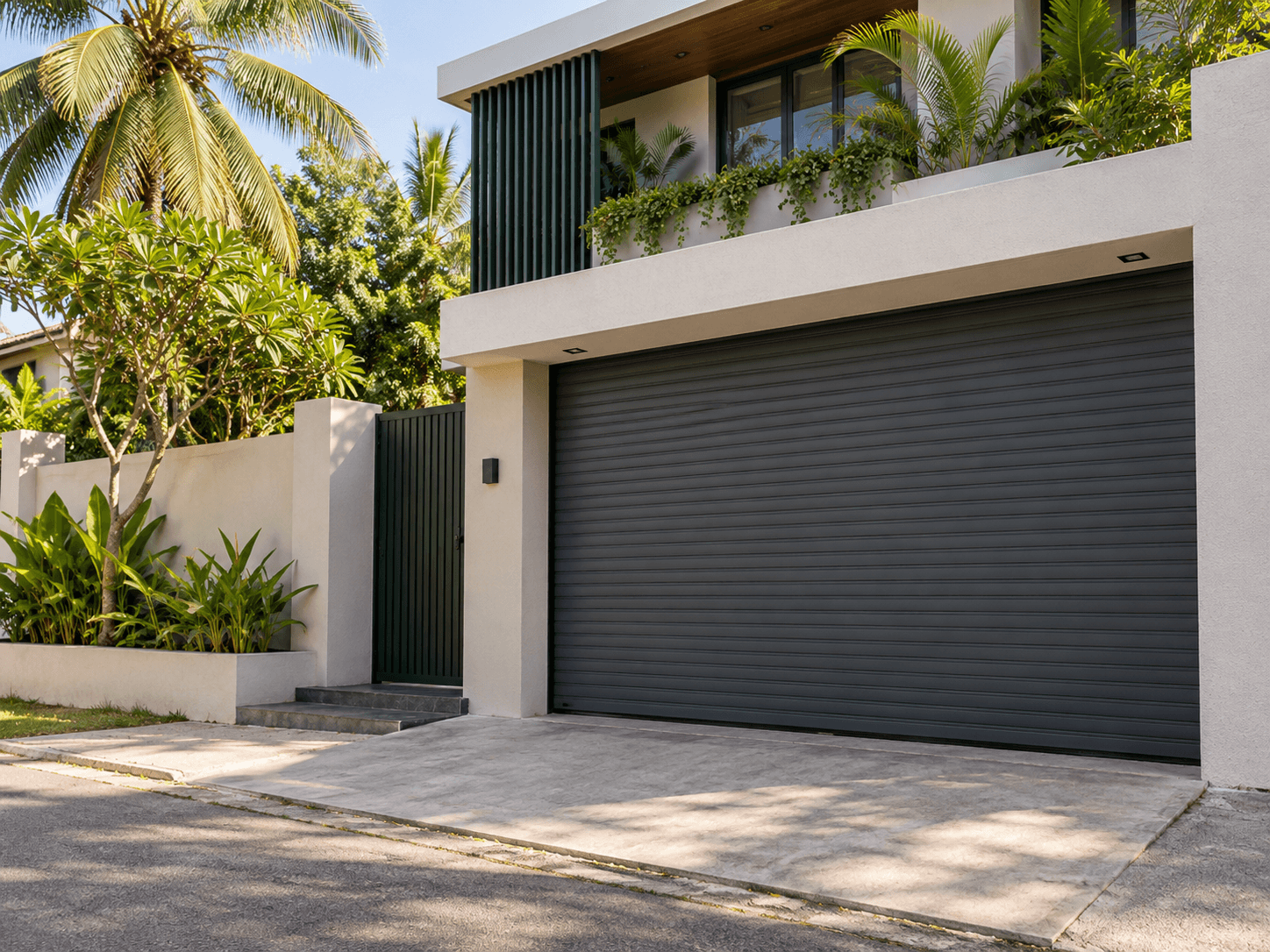 Charcoal roller door fitted to a modern home garage