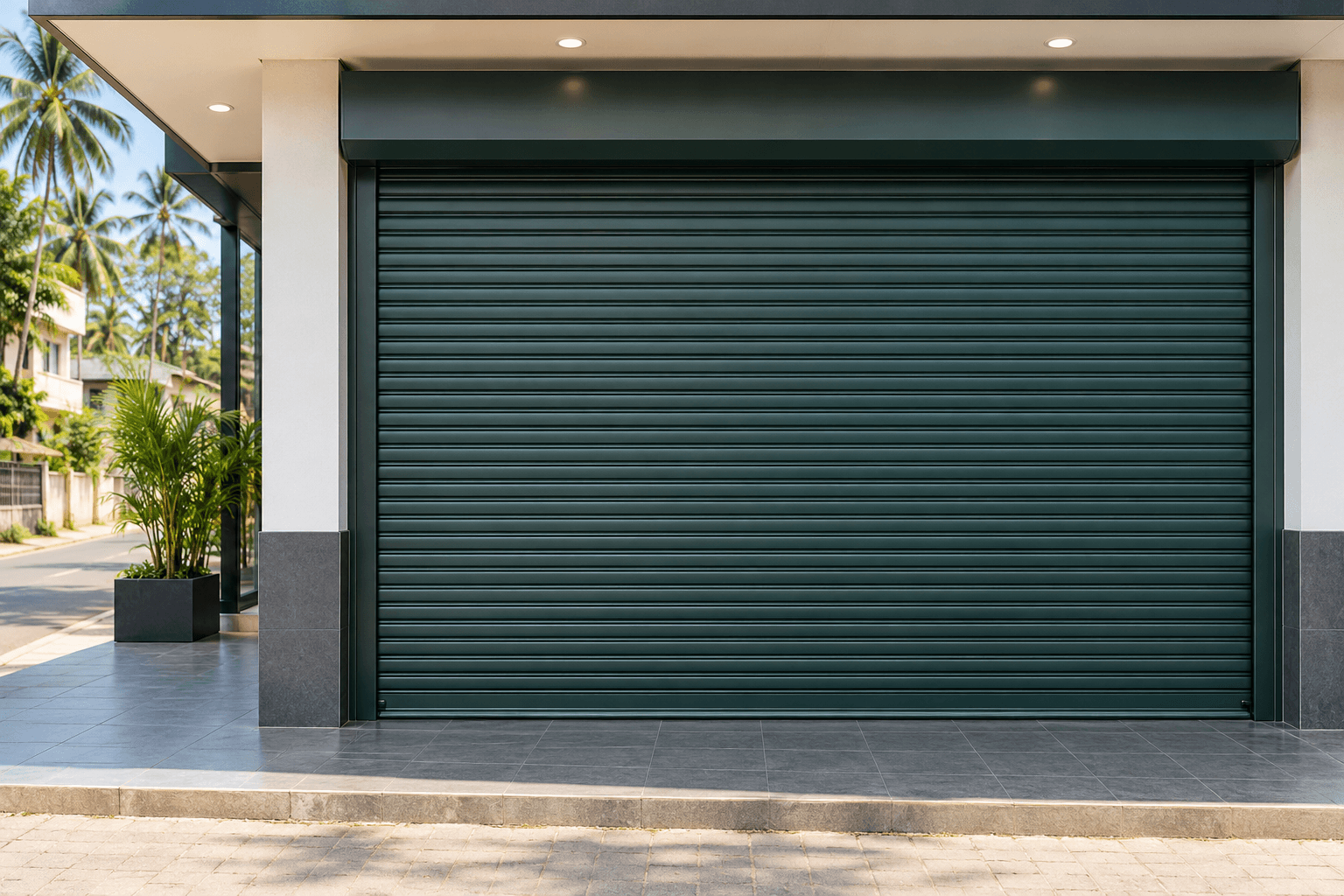 Dark metal roller shutter across a commercial entrance
