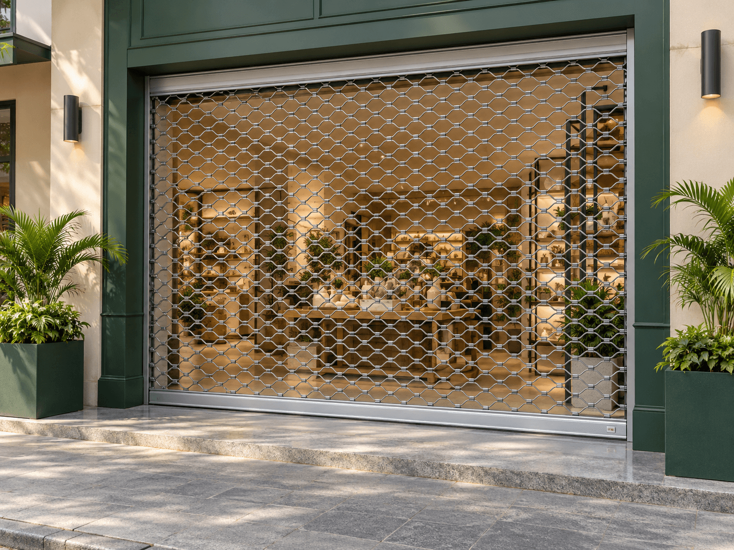 See-through metal grille shutter across a shop entrance